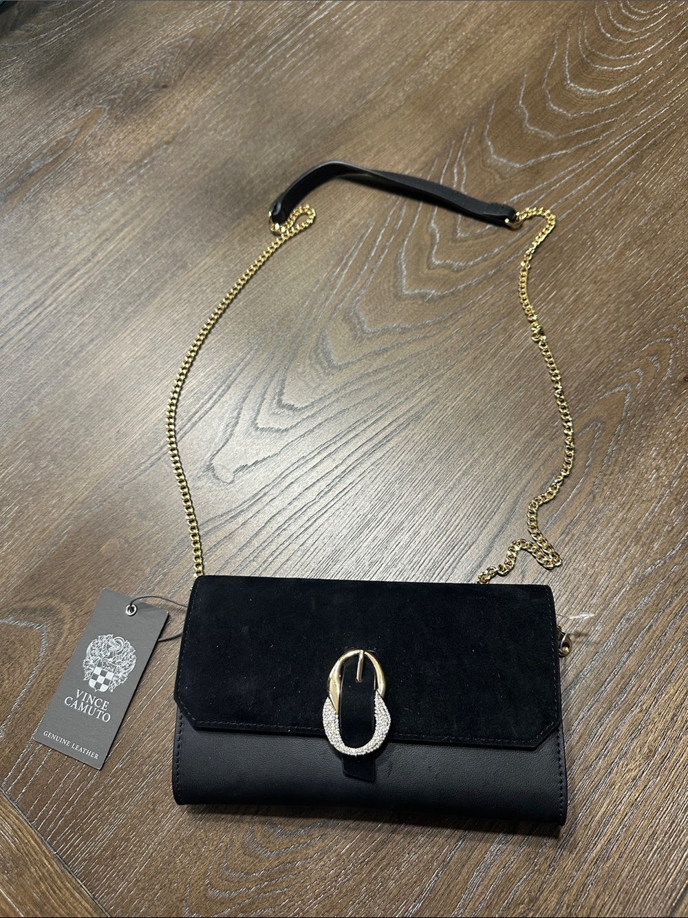 Vince Camuto Black Crossbody with Gold Chain and Buckle